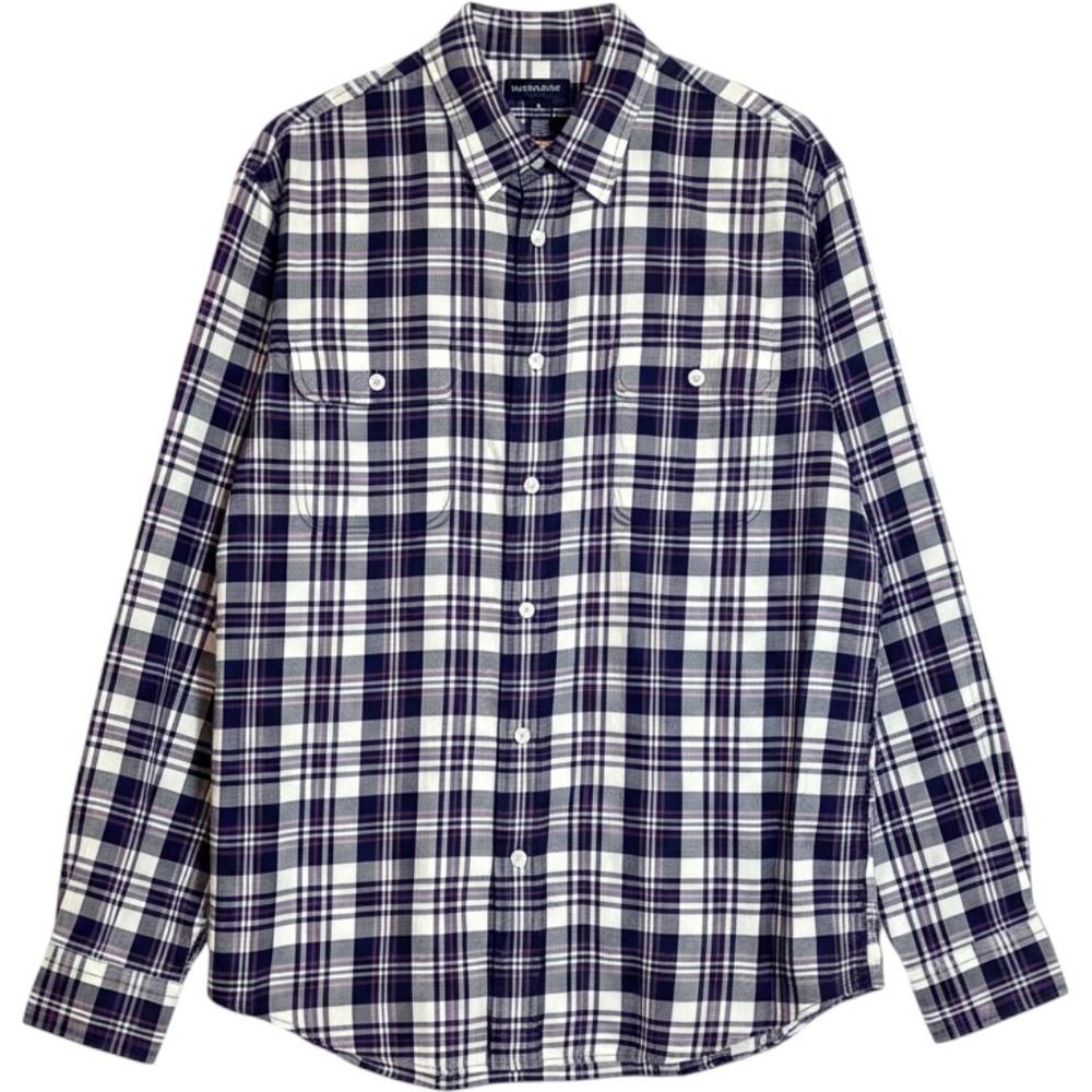 Lands End Long Sleeve Plaid Button Down Shirt Navy Purple White - Large 16-16.5